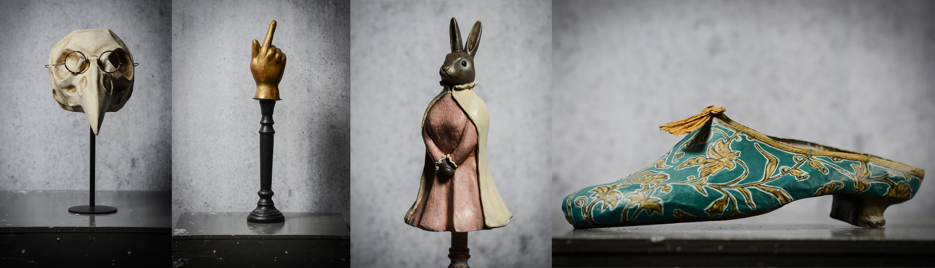 Mélanie Bourlon, sculptures en papier mâché, bestiaire, animaux, cabinet de curiosités