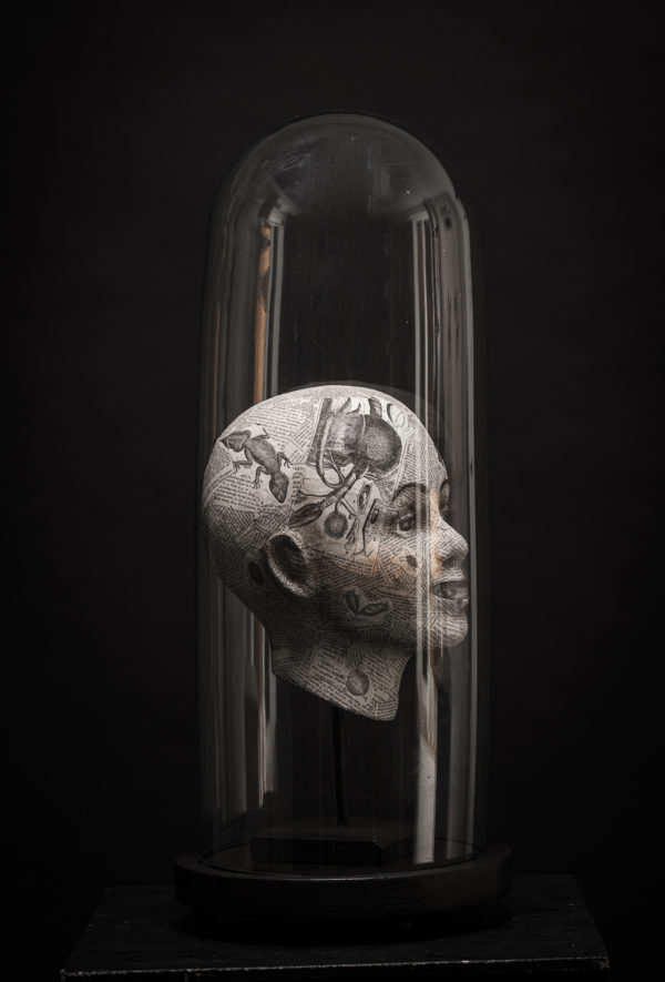 Visage sous cloche-Melanie Bourlon sculptures papier mâché