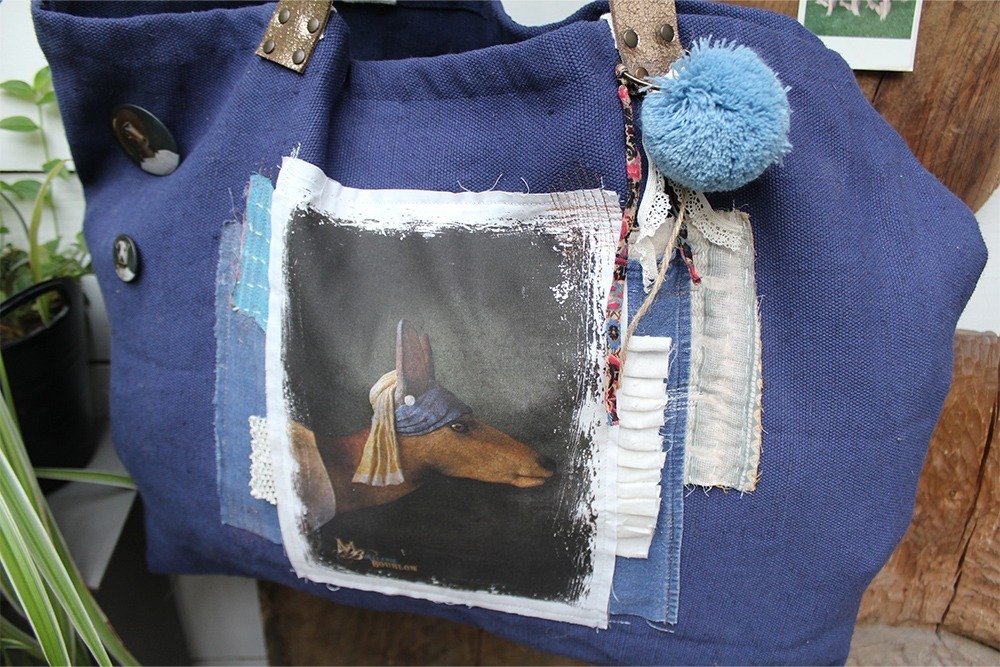 Grand sac Mélanie Bourlon - Grand sac shopping Biche à la perle pompon bleu