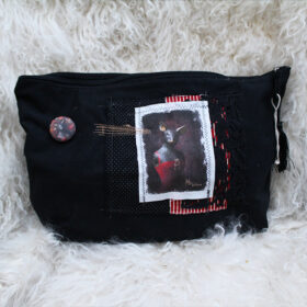 Pochette bleu jean foncé - Souris - Tissu rayé rouge – L