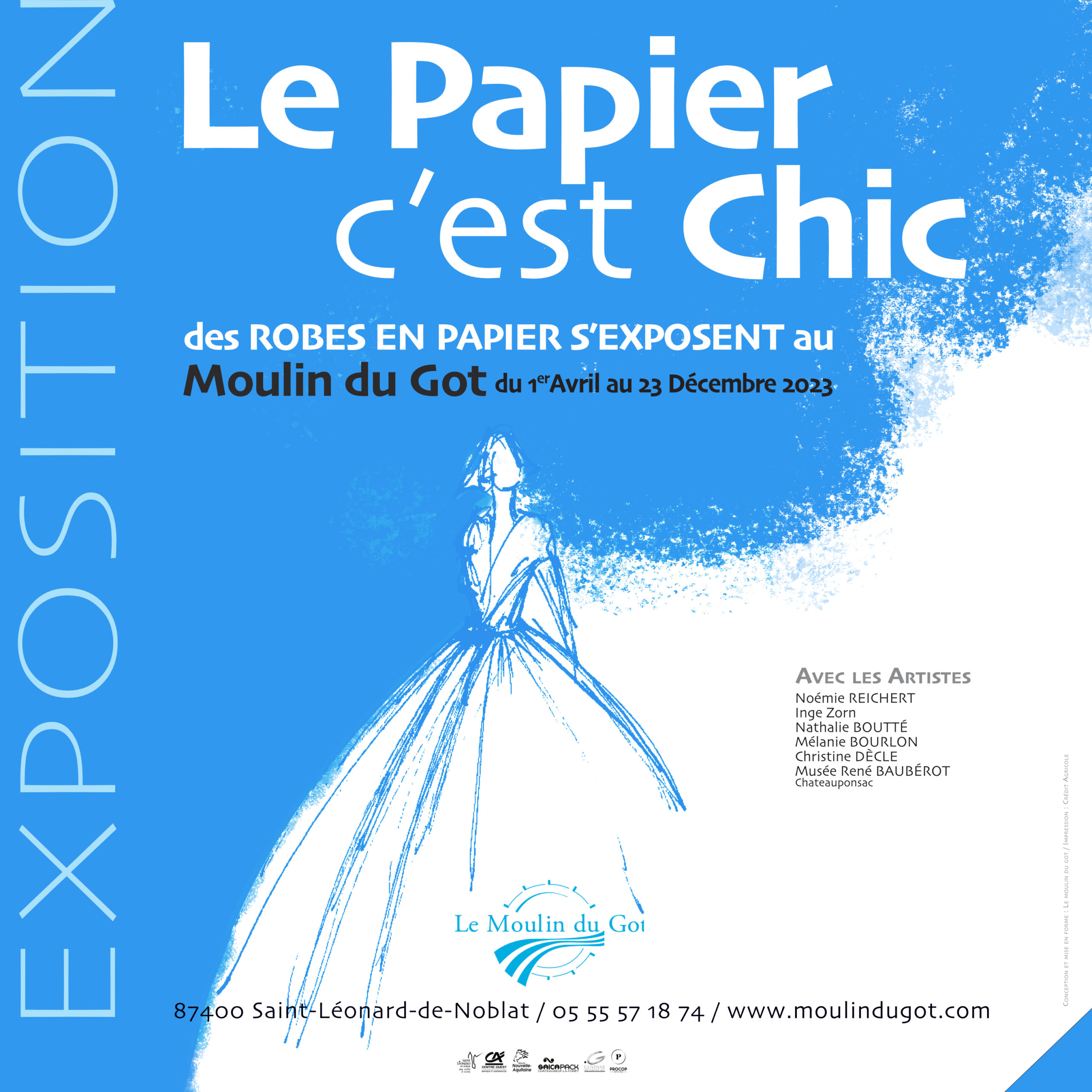 Affiche expo "Le Papier c'est chic" au Moulin du Got (87) du 1er avril au 23 décembre 2023 - Mélanie Bourlon sculptures en papier mâché