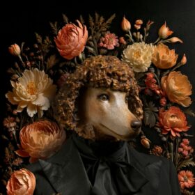 Impression sur toile - Portrait carré Caniche Cheffe d'Orchestre fleurs - Mélanie Bourlon Sculptures en Papier Mâché - Créa Anthony Cottarel