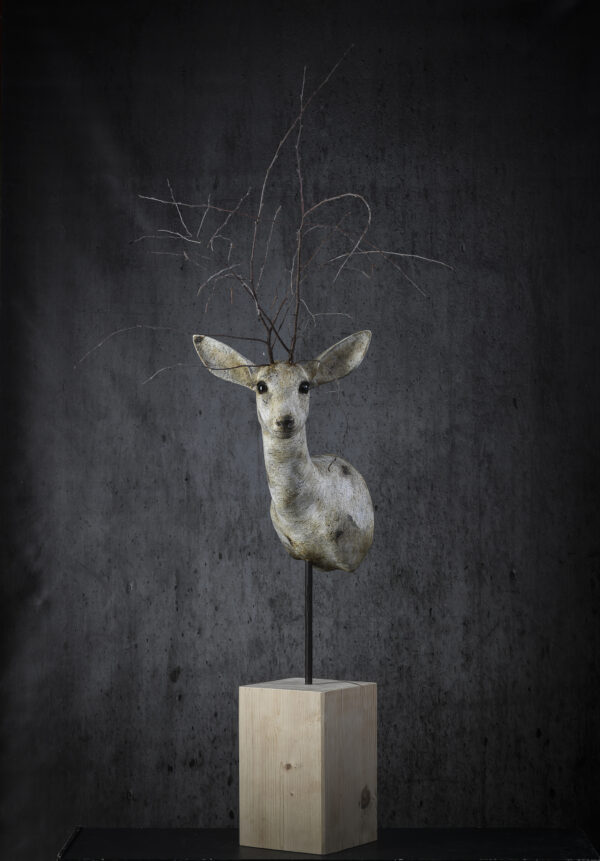 Mélanie Bourlon sculpture en papier mâché chevreuil au bouleau
