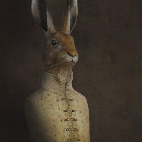 Lièvre GIlet crème - Mélanie Bourlon - Sculpture en papier mâché - Impression sur toile - 90 cm x 120 cm - Photo Anthony Cottarel